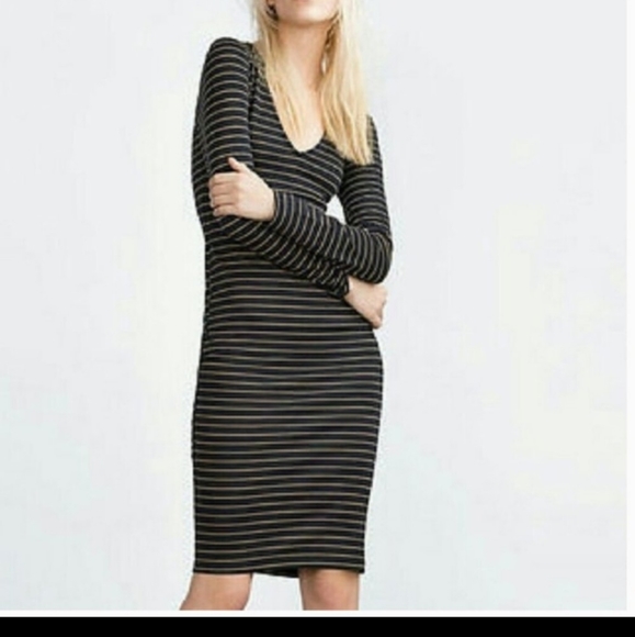 Zara Vneck striped Bodycon Midi Dress - Picture 1 of 6